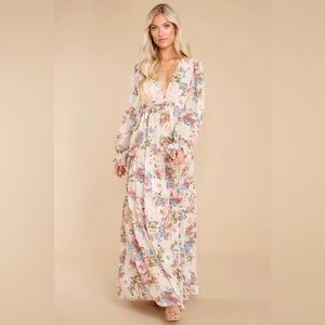 Flourishing Beauty Beige Floral Print Maternity Baby Shower  Dress